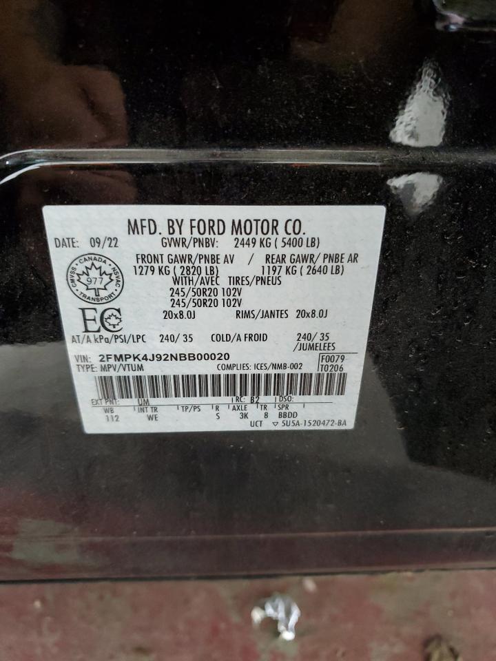 2022 Ford Edge Sel VIN: 2FMPK4J92NBB00020 Lot: 64013105