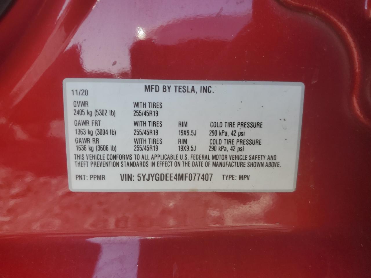 2021 Tesla Model Y VIN: 5YJYGDEE4MF077407 Lot: 62905185