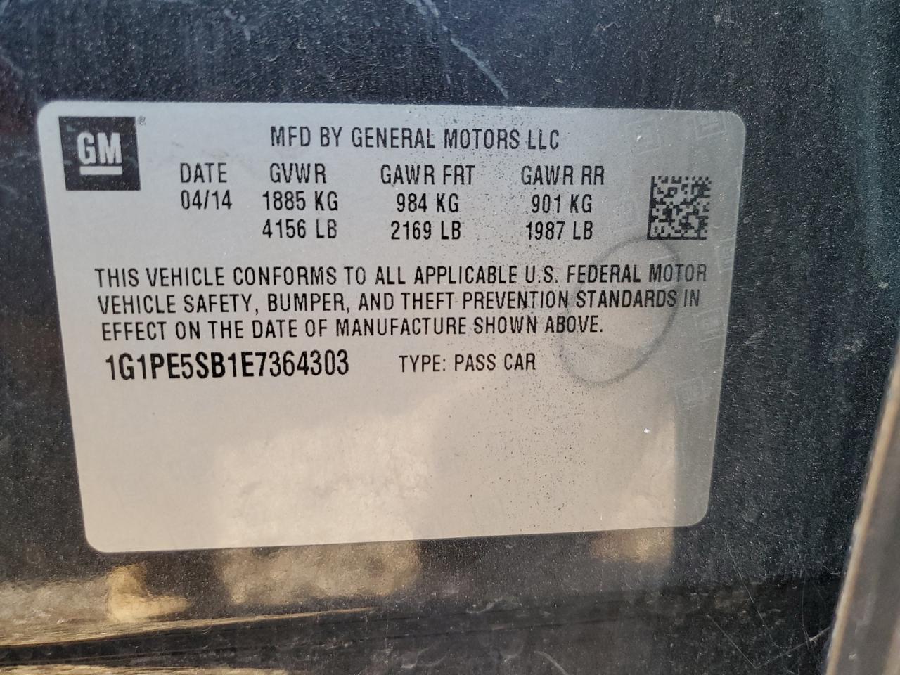 2014 Chevrolet Cruze Lt VIN: 1G1PE5SB1E7364303 Lot: 64846415
