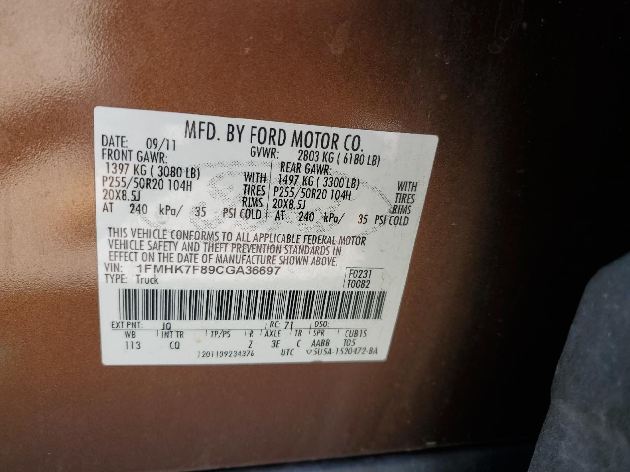 2012 Ford Explorer Limited VIN: 1FMHK7F89CGA36697 Lot: 66635985