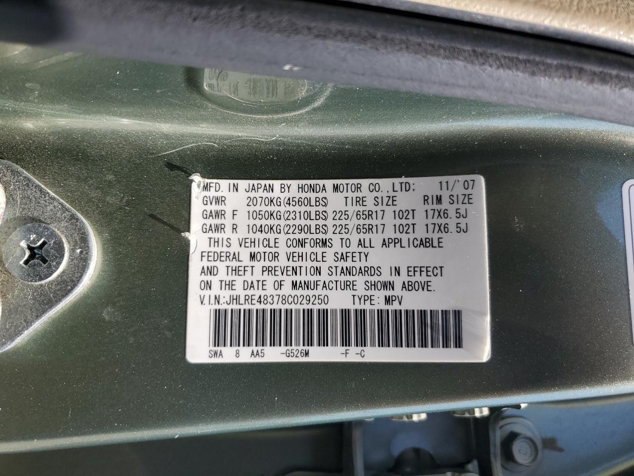 2008 Honda Cr-V Lx VIN: JHLRE48378C029250 Lot: 64462055