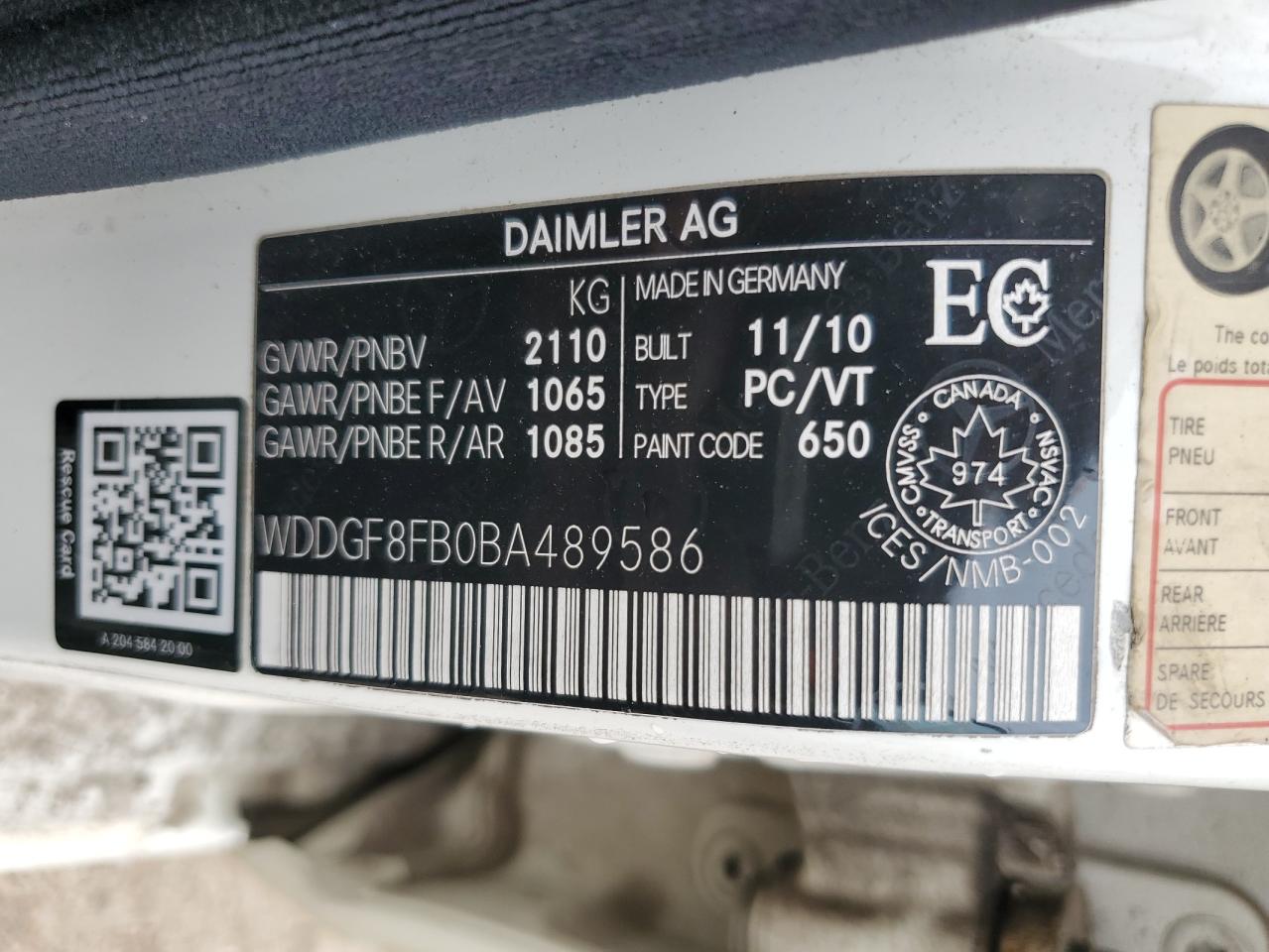 2011 Mercedes-Benz C 250 4Matic VIN: WDDGF8FB0BA489586 Lot: 63207765