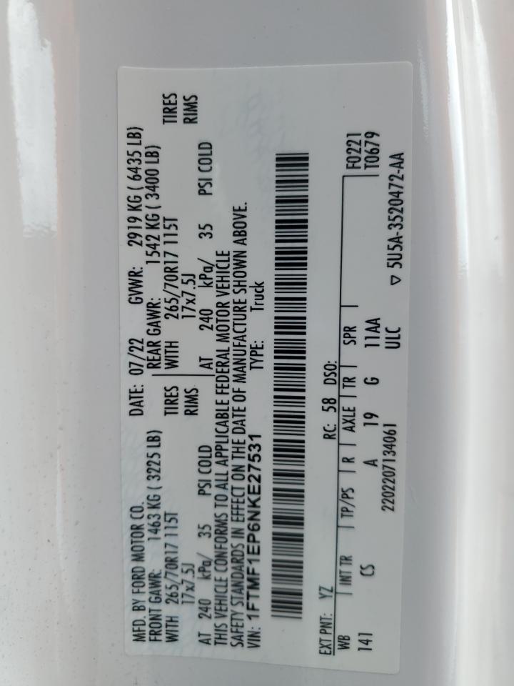2022 Ford F150 VIN: 1FTMF1EP6NKE27531 Lot: 66292695