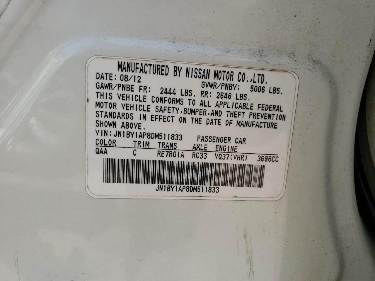 2013 Infiniti M37 VIN: JN1BY1AP8DM511833 Lot: 63459025