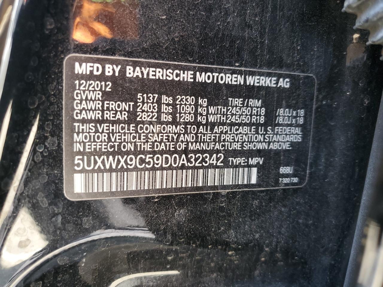2013 BMW X3 xDrive28I VIN: 5UXWX9C59D0A32342 Lot: 64246695