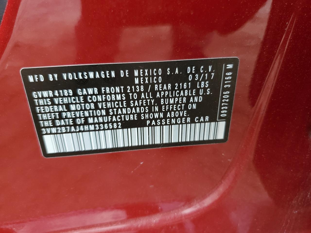 2017 Volkswagen Jetta S VIN: 3VW2B7AJ4HM336582 Lot: 63186795