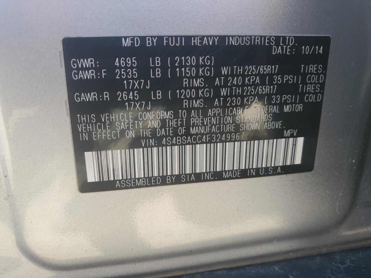 2015 Subaru Outback 2.5I Premium VIN: 4S4BSACC4F3249967 Lot: 61817865