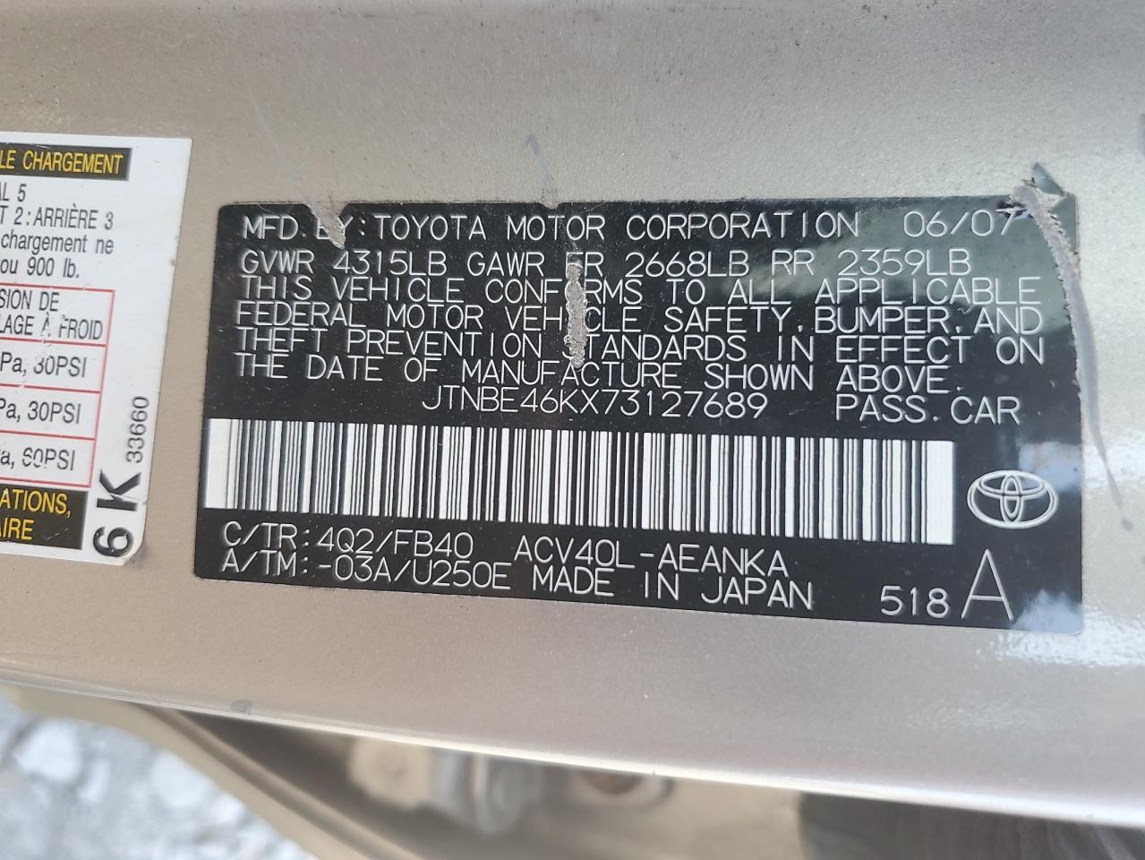 2007 Toyota Camry Ce VIN: JTNBE46KX73127689 Lot: 66514385