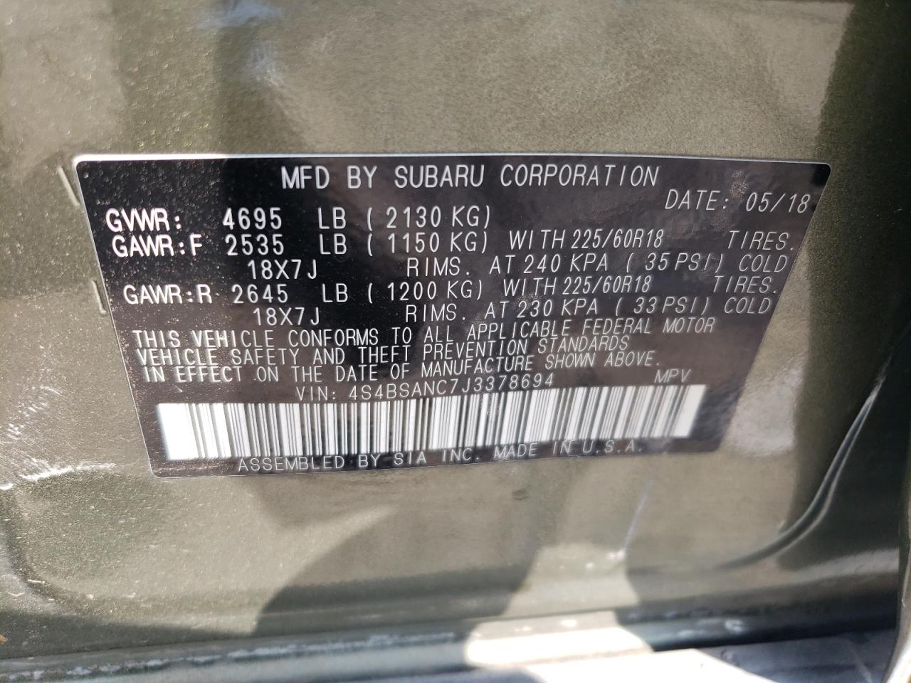 2018 Subaru Outback 2.5I Limited VIN: 4S4BSANC7J3378694 Lot: 67148755