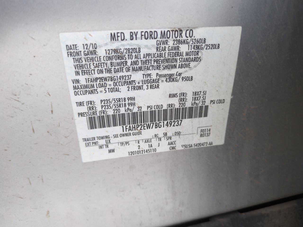 2011 Ford Taurus Sel VIN: 1FAHP2EW7BG149237 Lot: 63122225