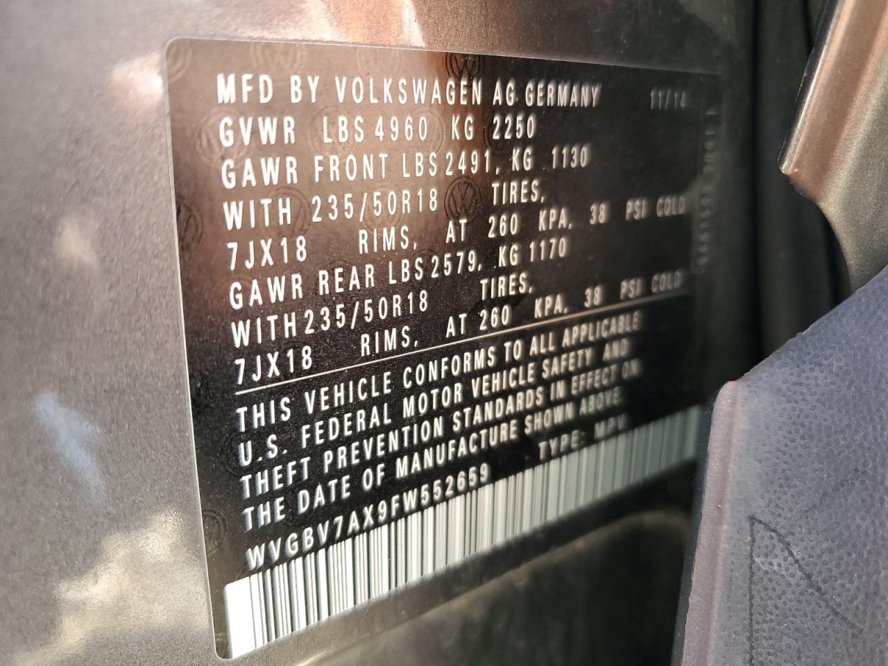 2015 Volkswagen Tiguan S VIN: WVGBV7AX9FW552659 Lot: 63627125