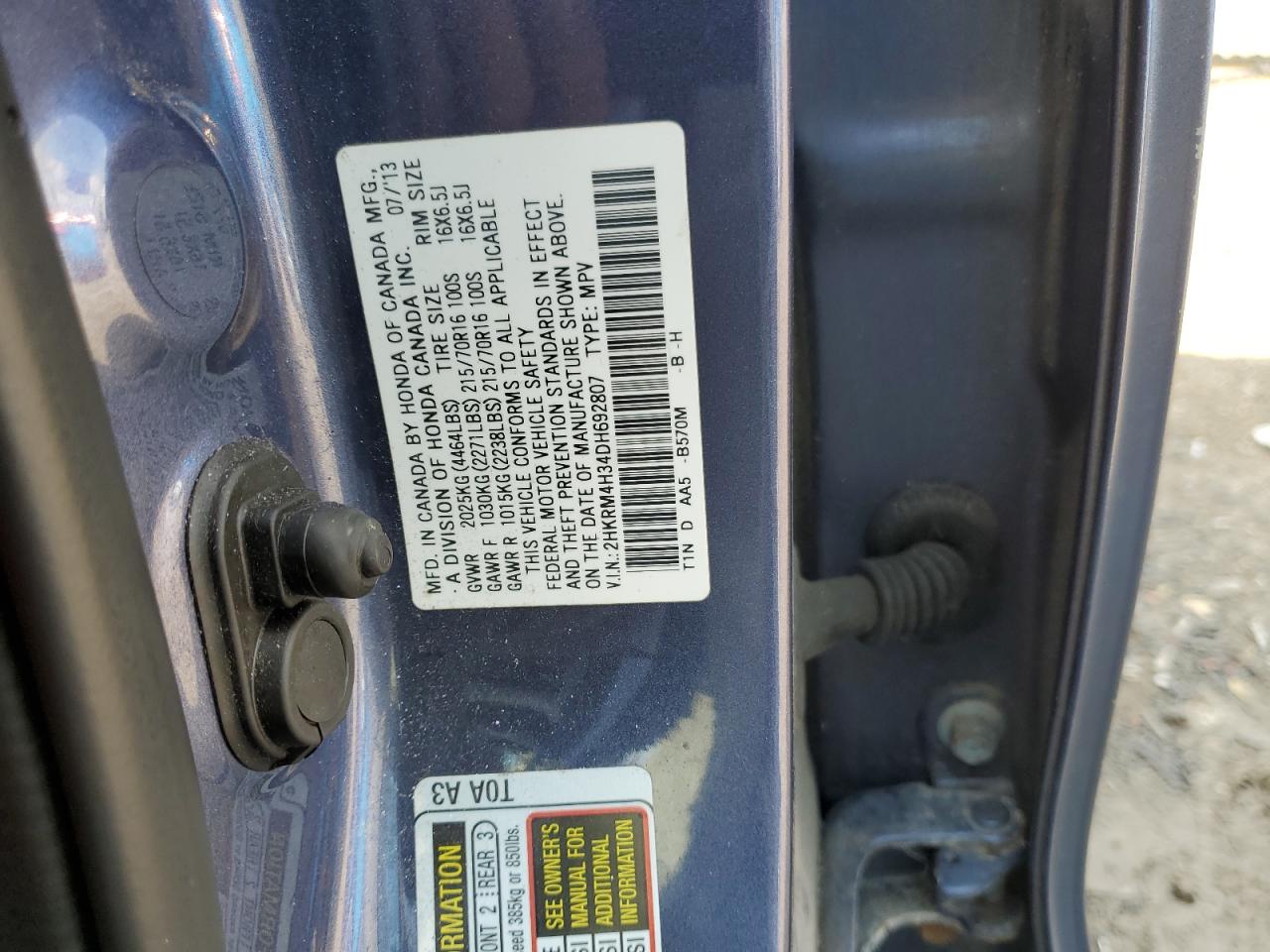 2013 Honda Cr-V Lx VIN: 2HKRM4H34DH692807 Lot: 64186065