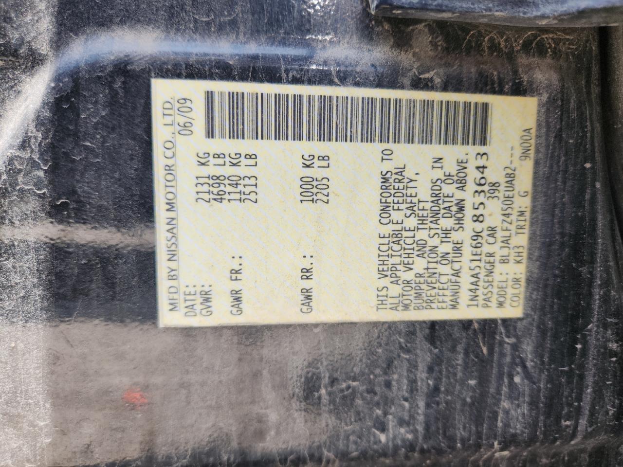 2009 Nissan Maxima S VIN: 1N4AA51E69C853643 Lot: 65253665