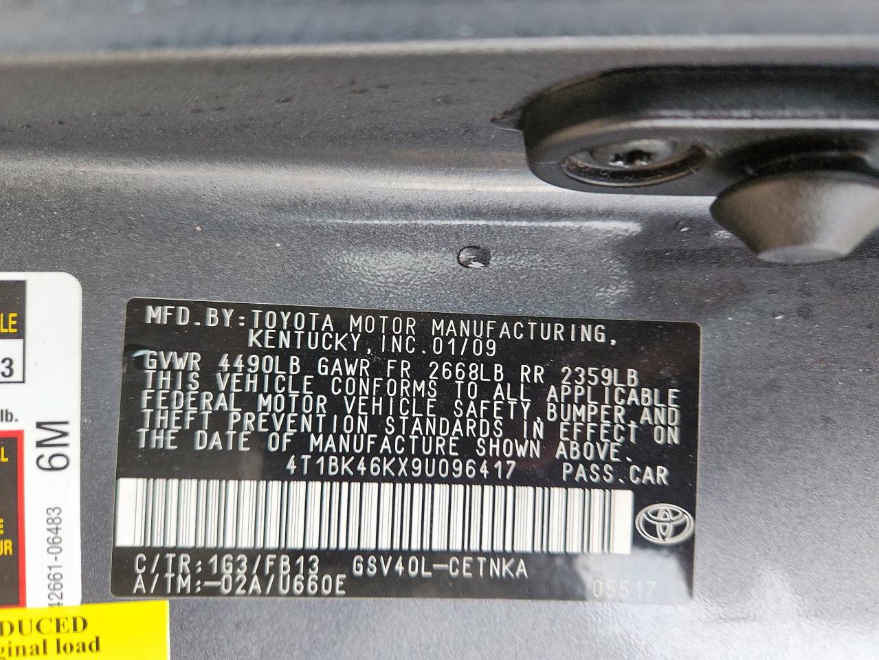 2009 Toyota Camry Se VIN: 4T1BK46KX9U096417 Lot: 63932485