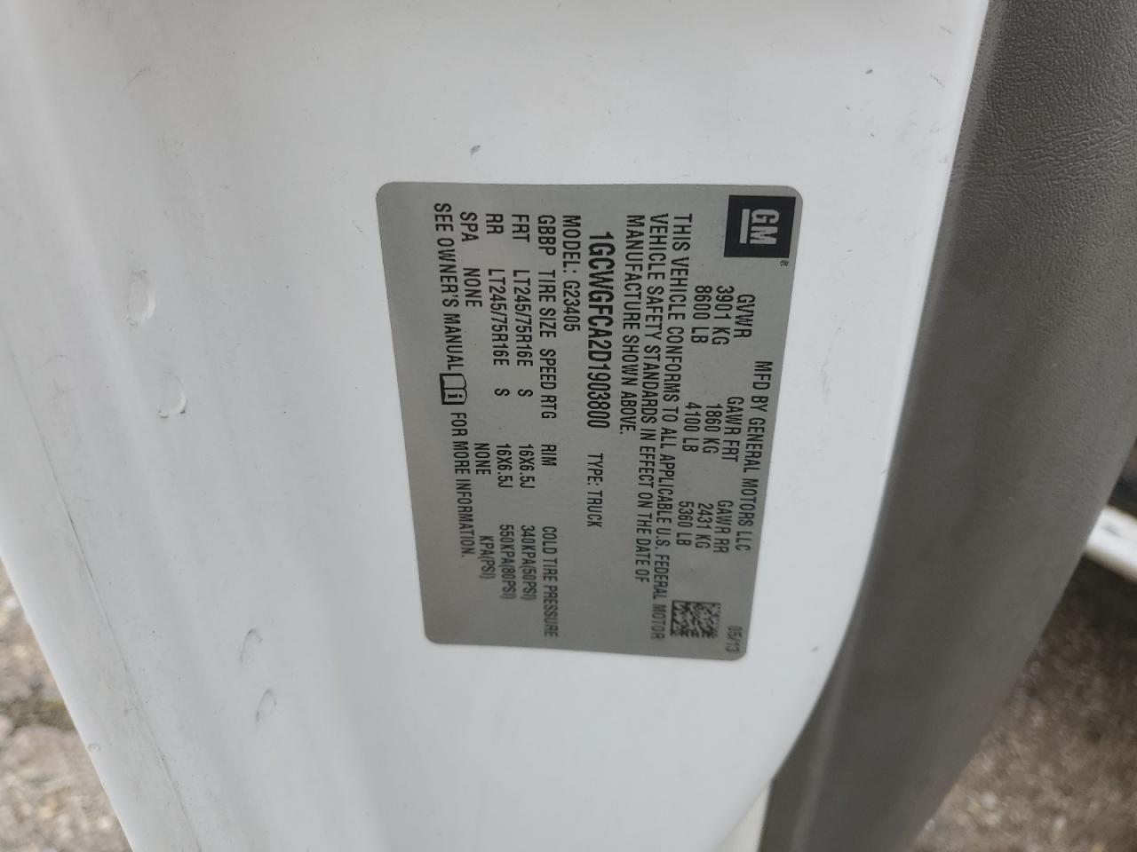 2013 Chevrolet Express G2500 VIN: 1GCWGFCA2D1903800 Lot: 63380035