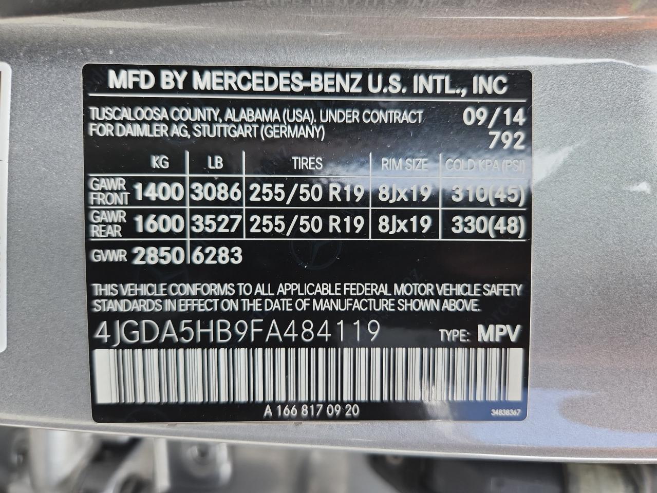 2015 Mercedes-Benz Ml 350 4Matic VIN: 4JGDA5HB9FA484119 Lot: 63412405