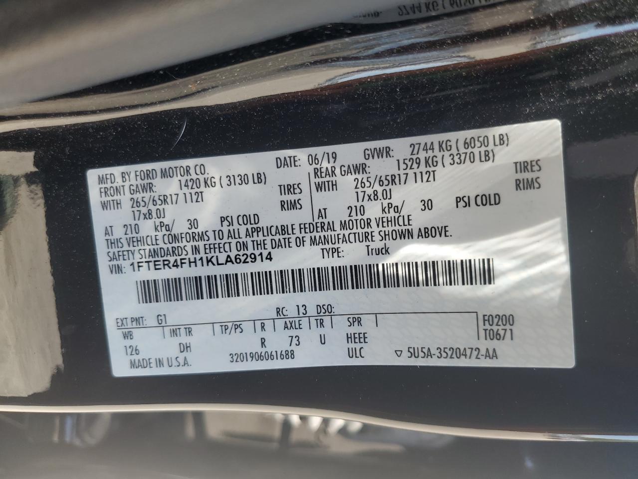 2019 Ford Ranger Xl VIN: 1FTER4FH1KLA62914 Lot: 64692035