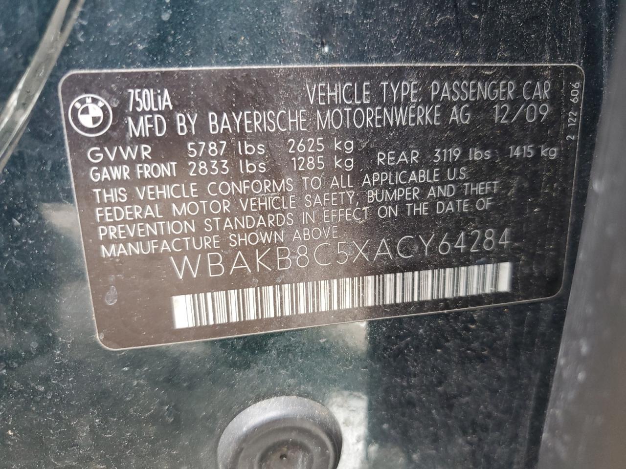 2010 BMW 750 Li VIN: WBAKB8C5XACY64284 Lot: 64089225