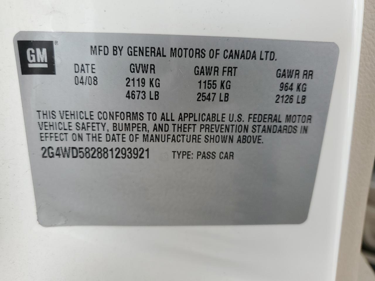 2008 Buick Lacrosse Cxl VIN: 2G4WD582881293921 Lot: 64721025