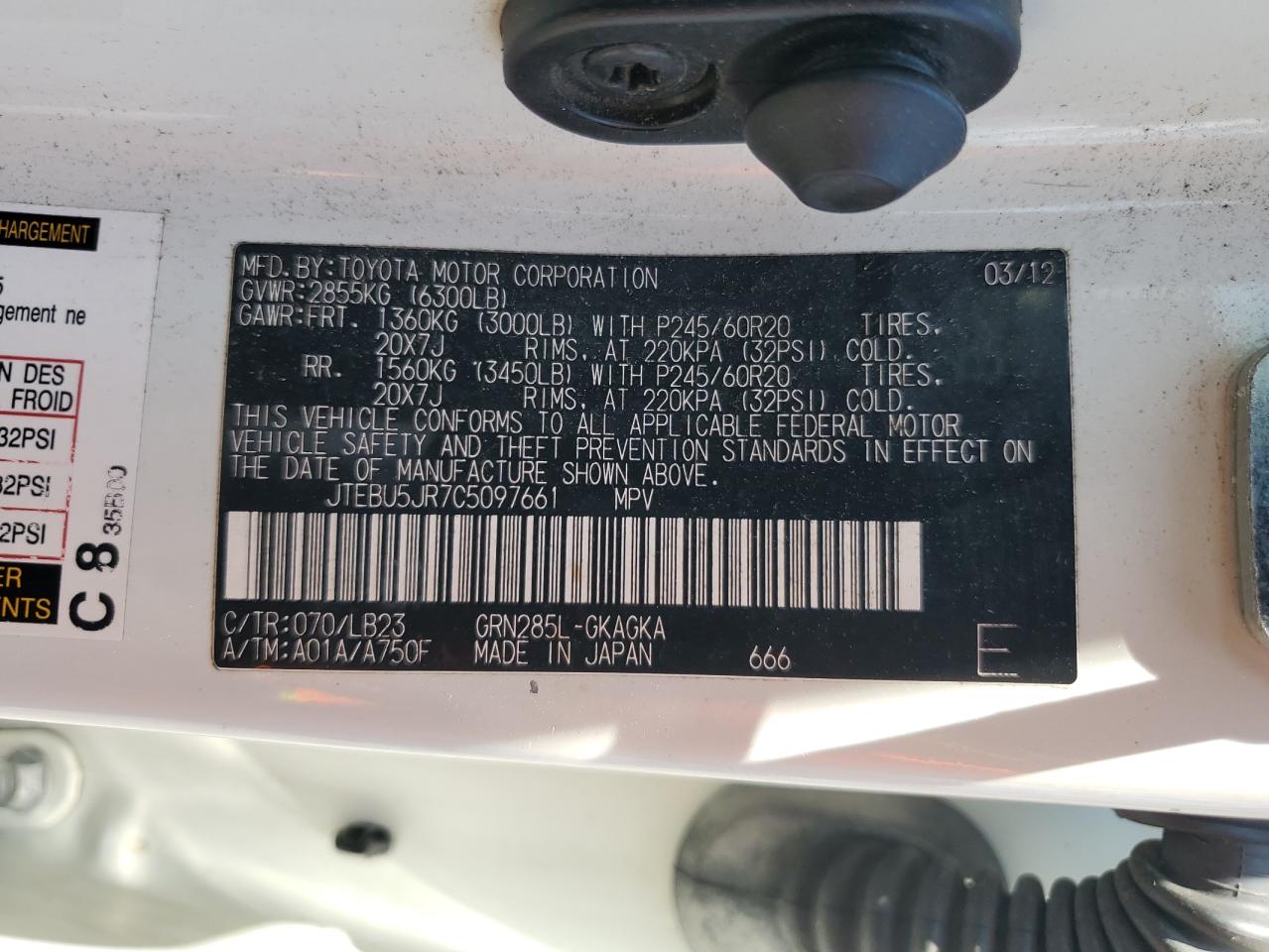 2012 Toyota 4Runner Sr5 VIN: JTEBU5JR7C5097661 Lot: 66020115