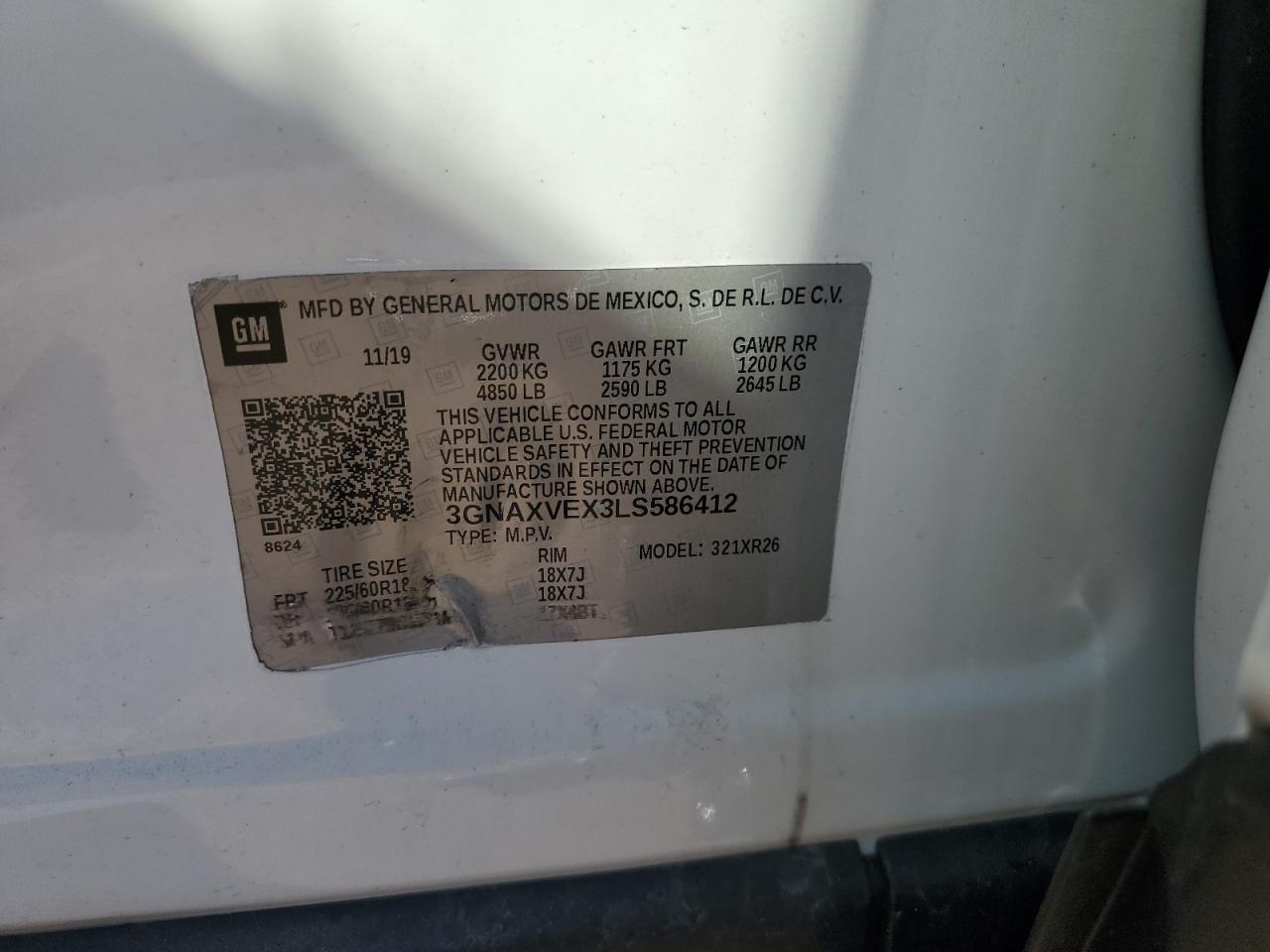 2020 Chevrolet Equinox Lt VIN: 3GNAXVEX3LS586412 Lot: 64517675