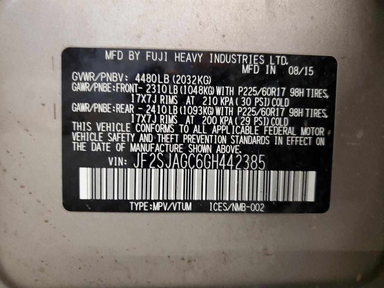 2016 Subaru Forester 2.5I Premium VIN: JF2SJAGC6GH442385 Lot: 65096575