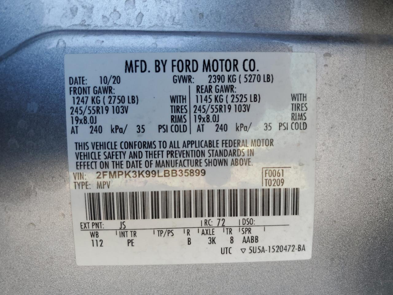 2020 Ford Edge Titanium VIN: 2FMPK3K99LBB35899 Lot: 64400225