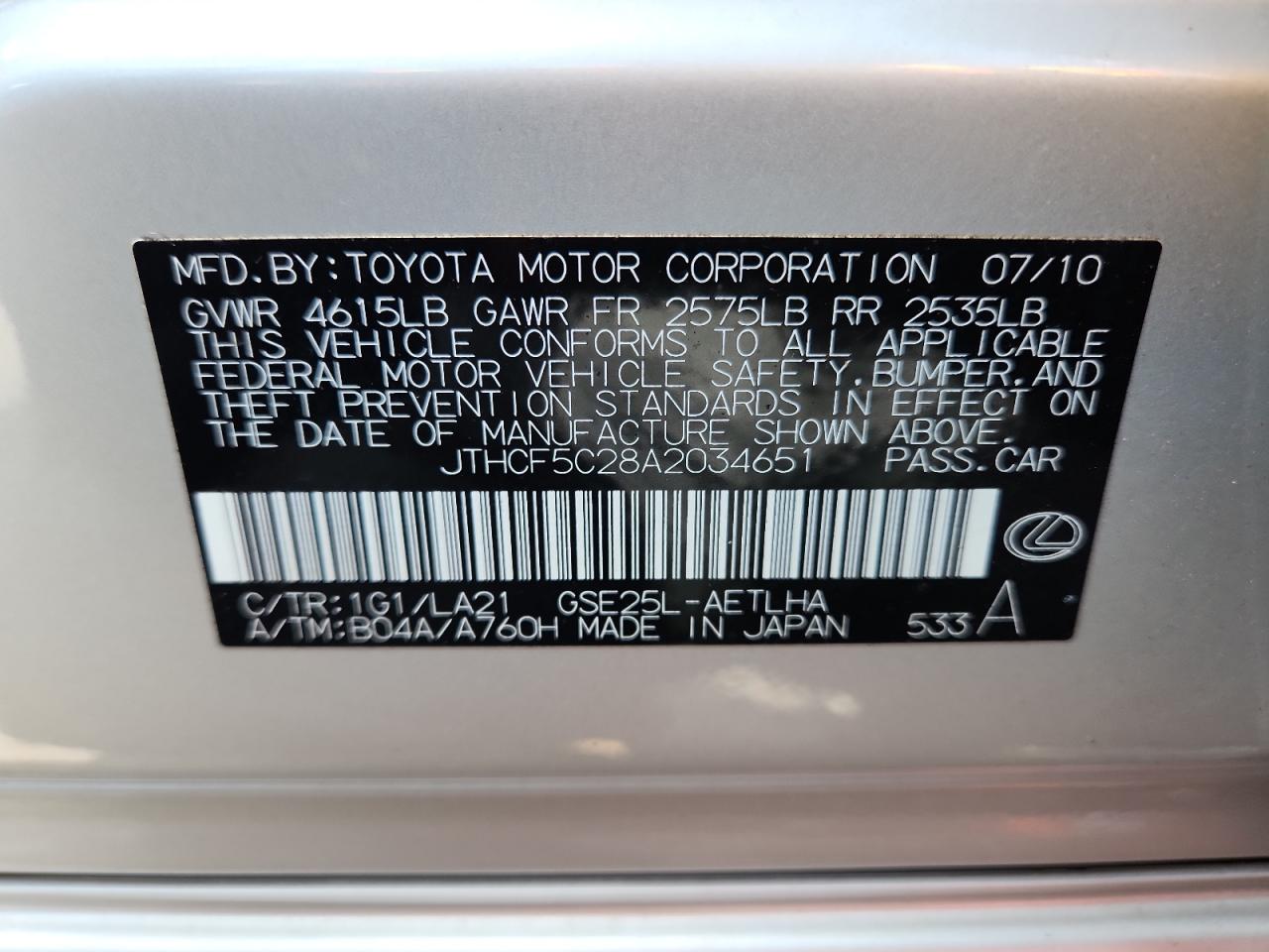 2010 Lexus Is 250 VIN: JTHCF5C28A2034651 Lot: 64269185