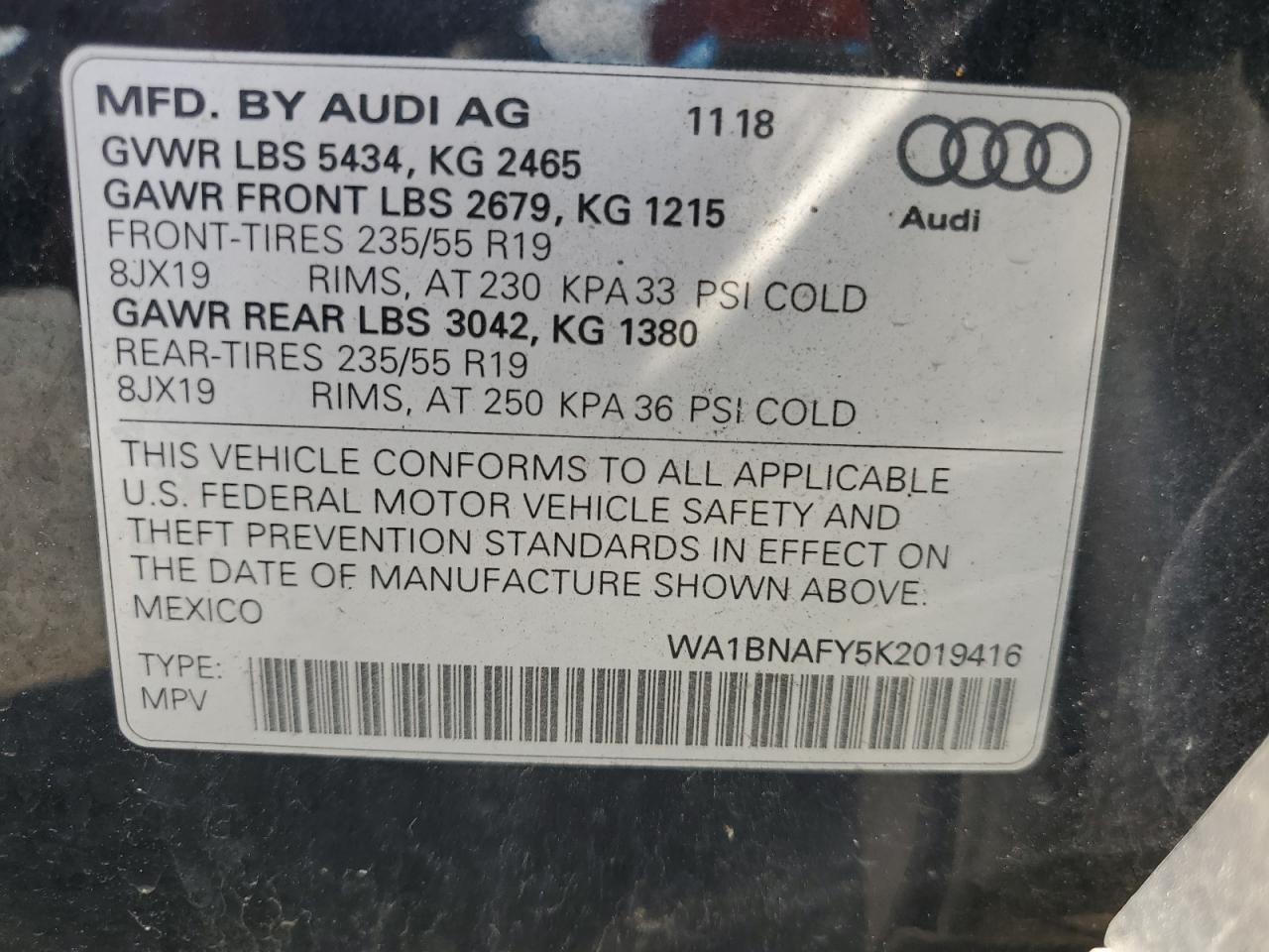 wa1bnafy5k2019416 WA1BNAFY5K2019416 2019 Audi Q5 Premium Plus