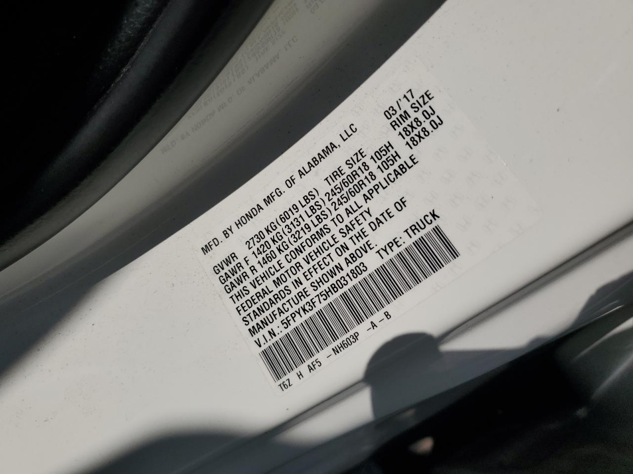 5fpyk3f75hb031803 5FPYK3F75HB031803 2017 Honda Ridgeline Rtl