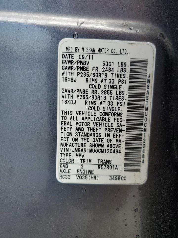 2012 Infiniti Fx35 VIN: JN8AS1MU0CM120464 Lot: 63368555
