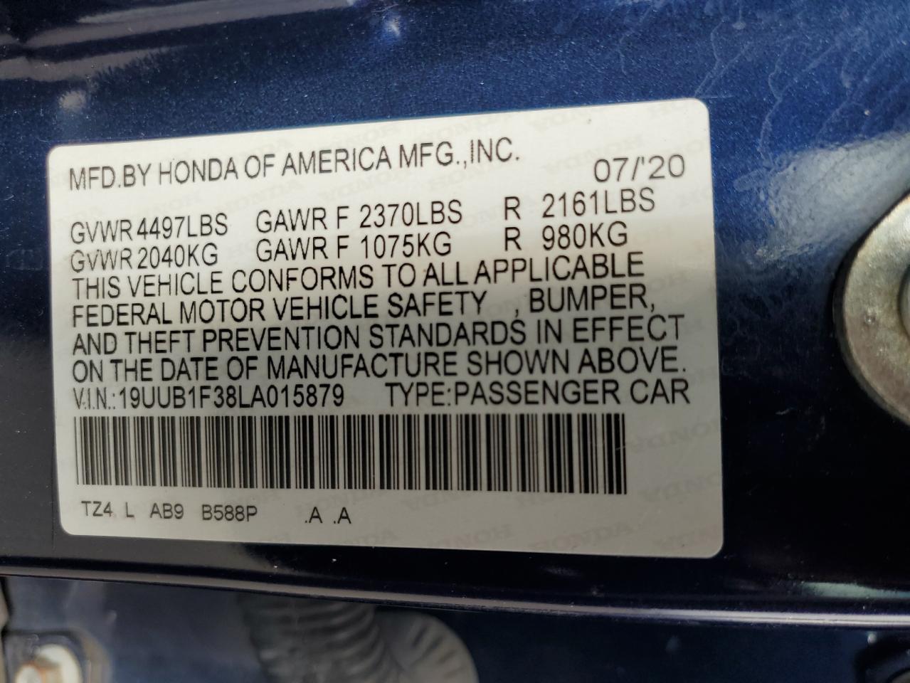 2020 Acura Tlx VIN: 19UUB1F38LA015879 Lot: 63053965