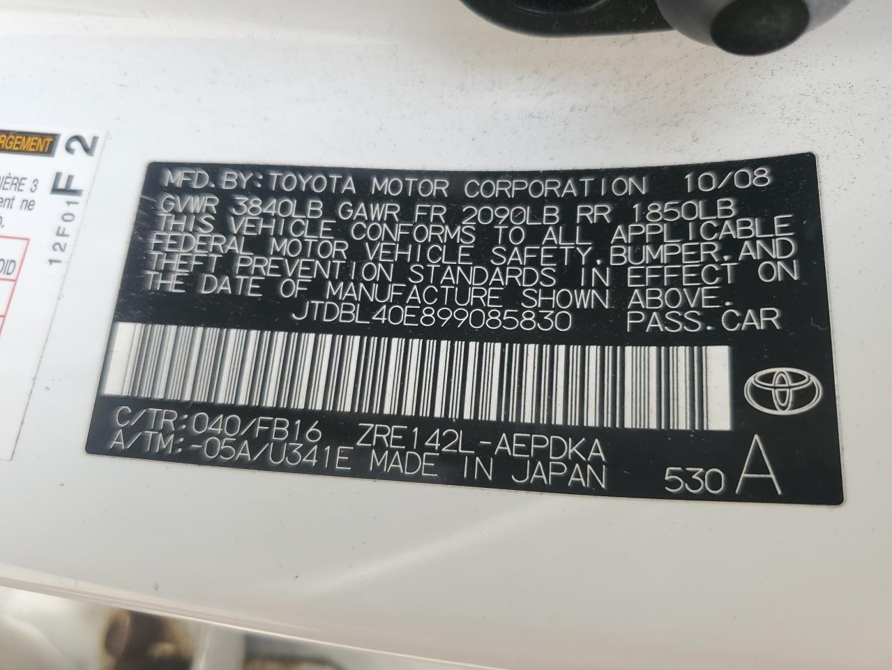 2009 Toyota Corolla Base VIN: JTDBL40E899085830 Lot: 65074035