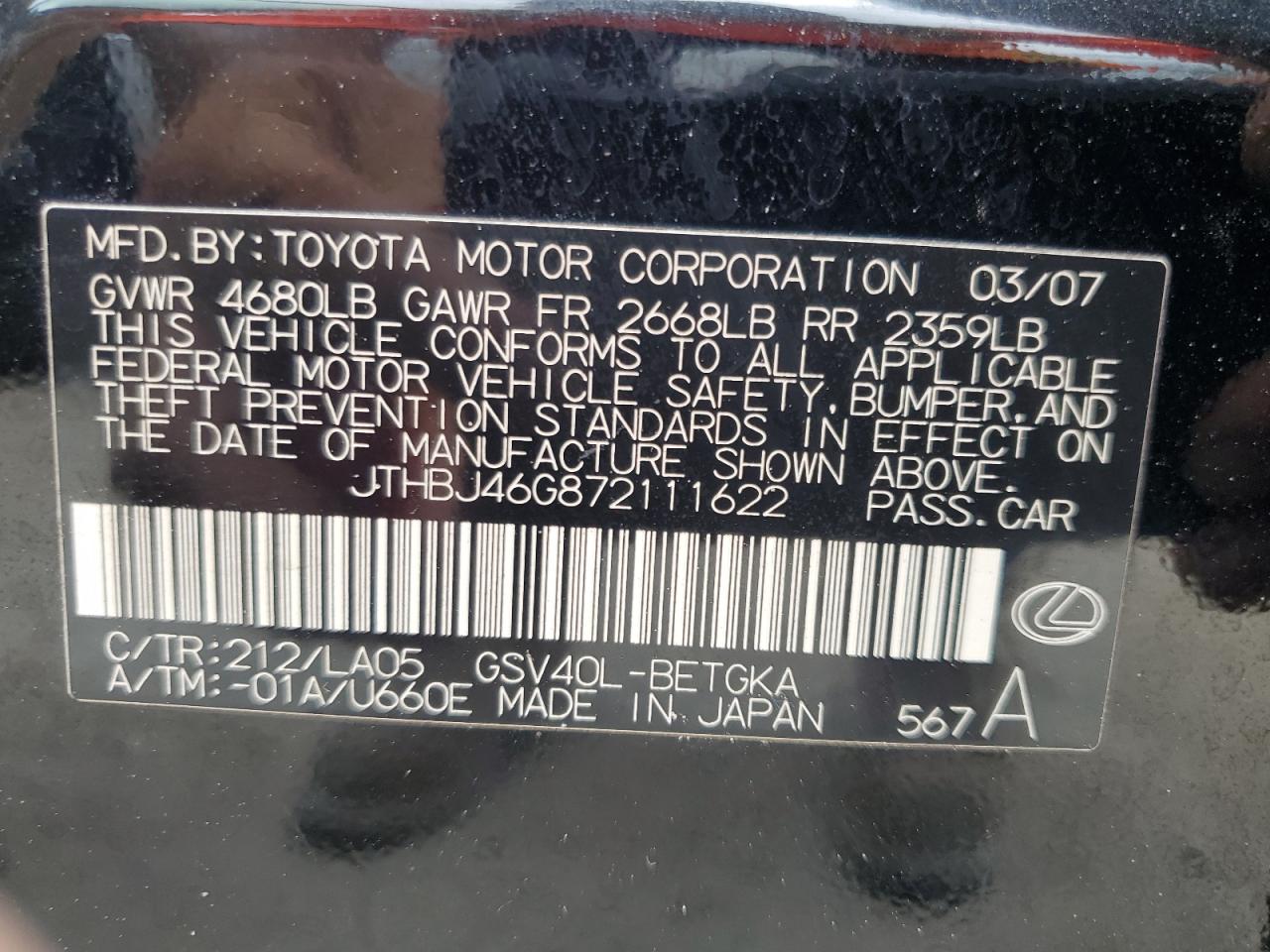 2007 Lexus Es 350 VIN: JTHBJ46G872111622 Lot: 62712655