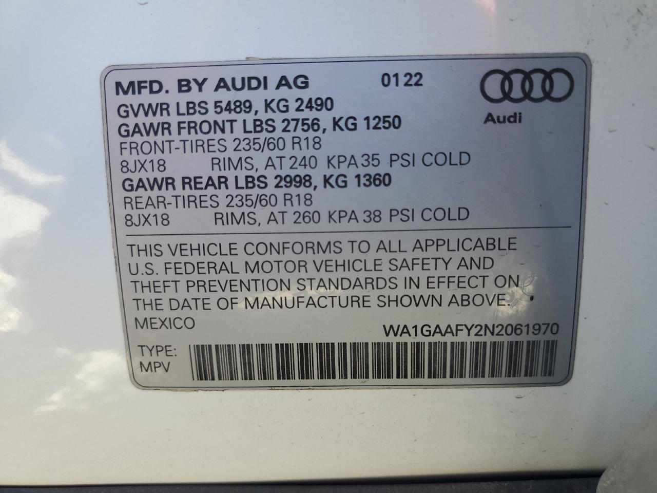 wa1gaafy2n2061970 WA1GAAFY2N2061970 2022 Audi Q5 Premium 45