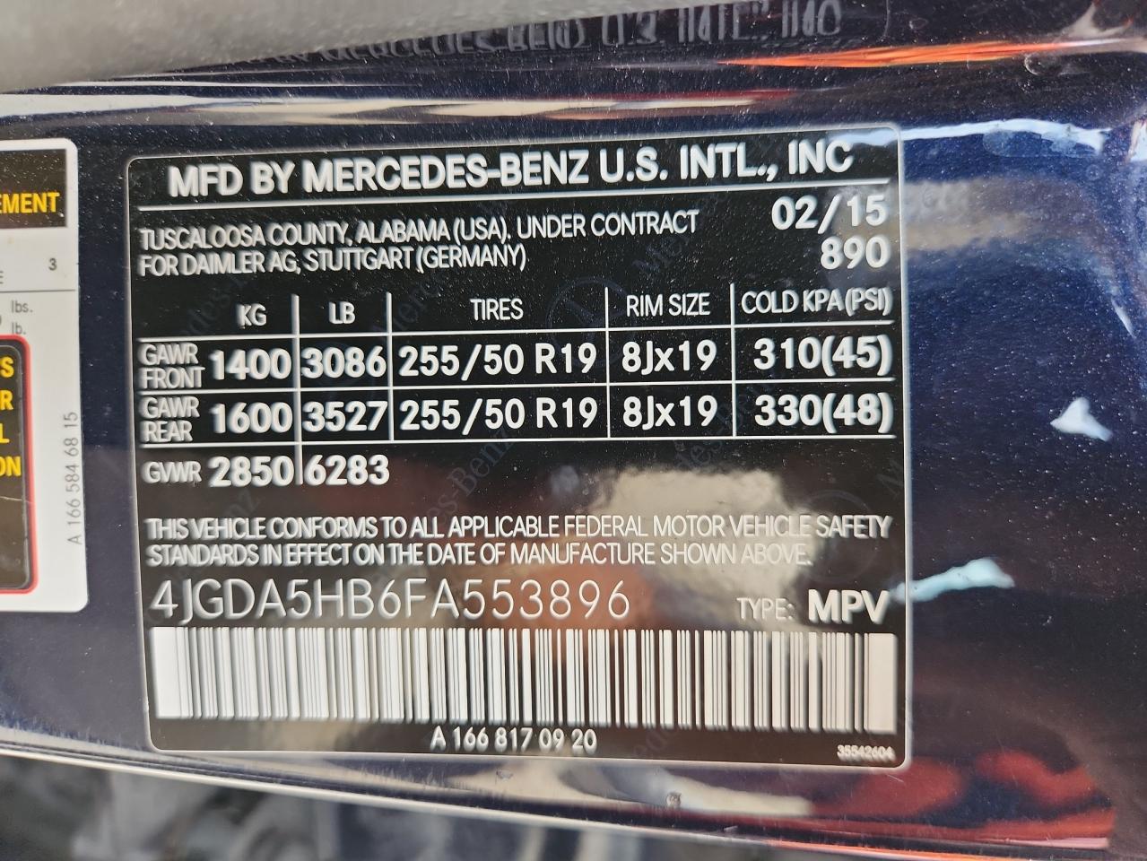 2015 Mercedes-Benz Ml 350 4Matic VIN: 4JGDA5HB6FA553896 Lot: 62833965