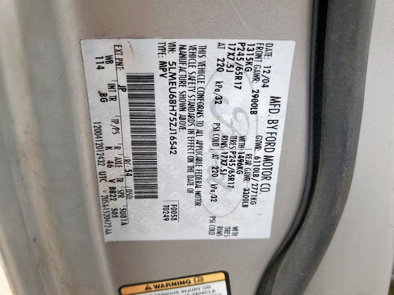 2005 Lincoln Aviator VIN: 5LMEU68H75ZJ16542 Lot: 65068285