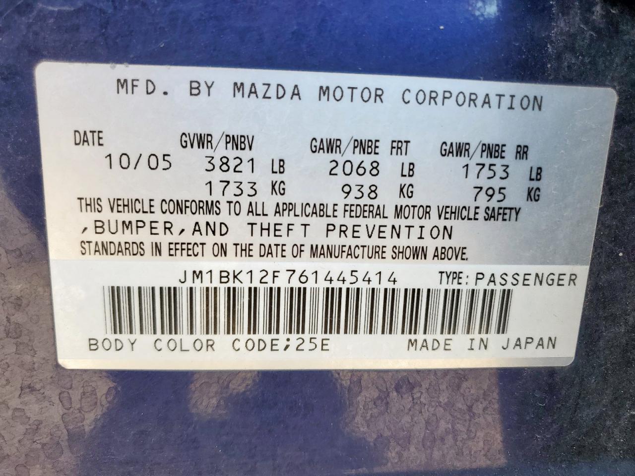 2006 Mazda 3 I VIN: JM1BK12F761445414 Lot: 64106365
