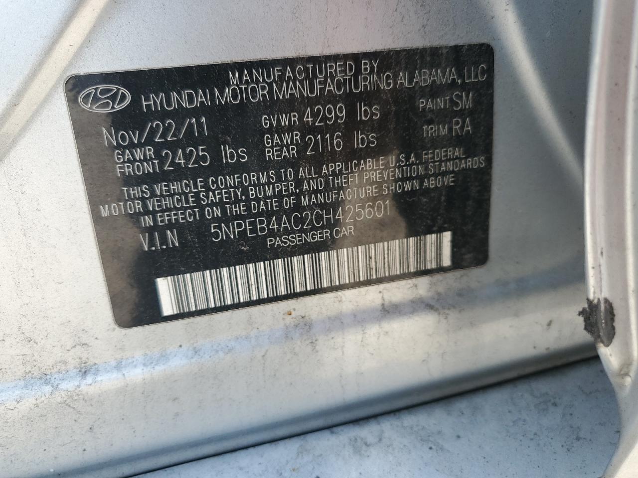 2012 Hyundai Sonata Gls VIN: 5NPEB4AC2CH425601 Lot: 64491225