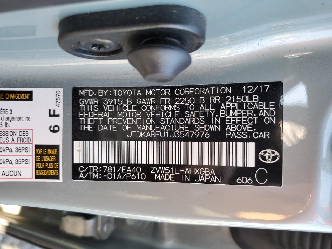 2018 Toyota Prius VIN: JTDKARFU1J3547976 Lot: 64114885