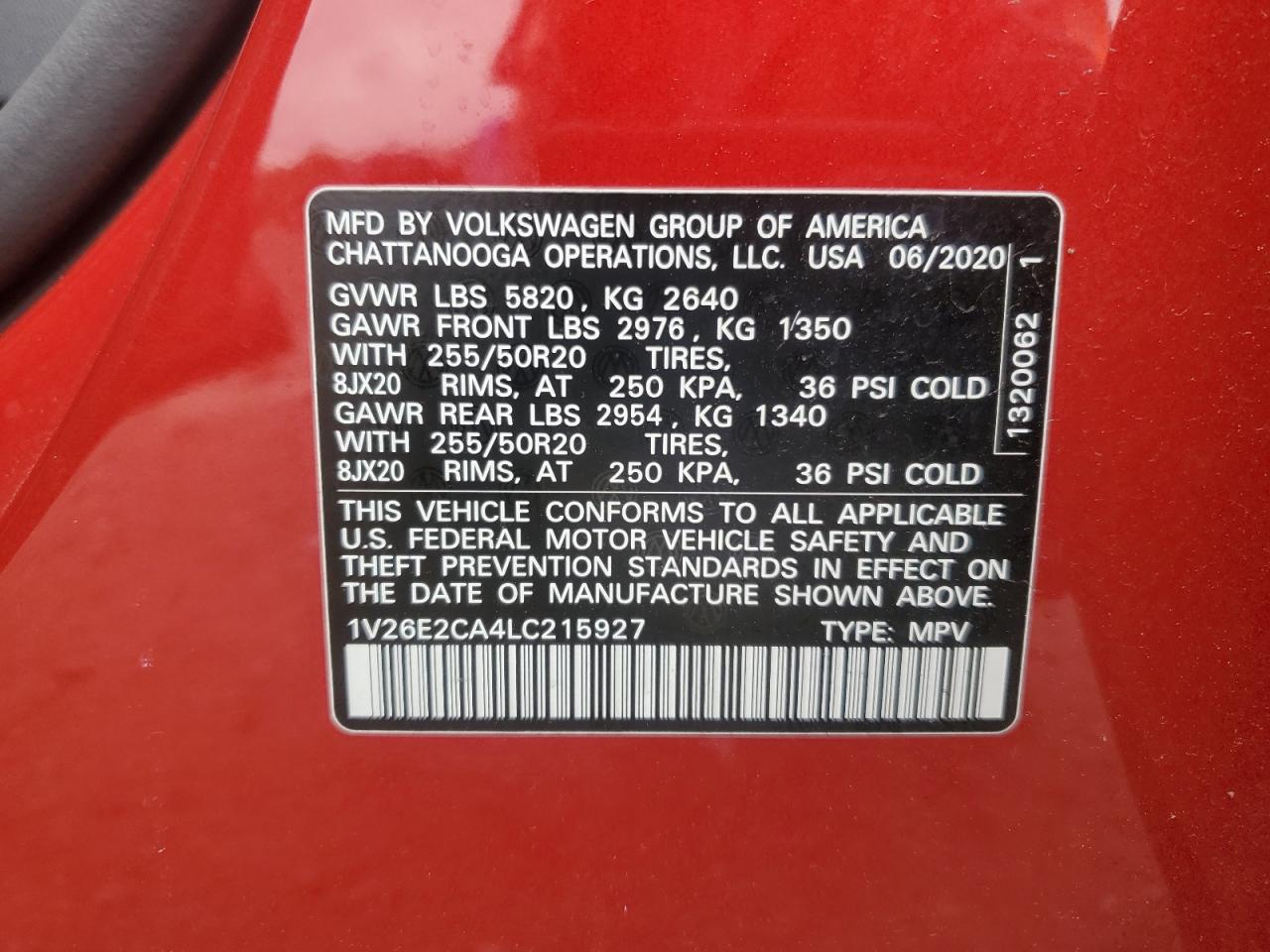 2020 Volkswagen Atlas Cross Sport Se VIN: 1V26E2CA4LC215927 Lot: 63402165
