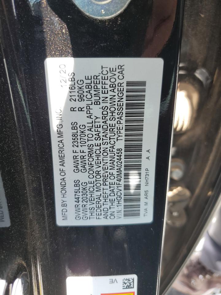 2021 Honda Accord Sport Se VIN: 1HGCV1F40MA024458 Lot: 64829235