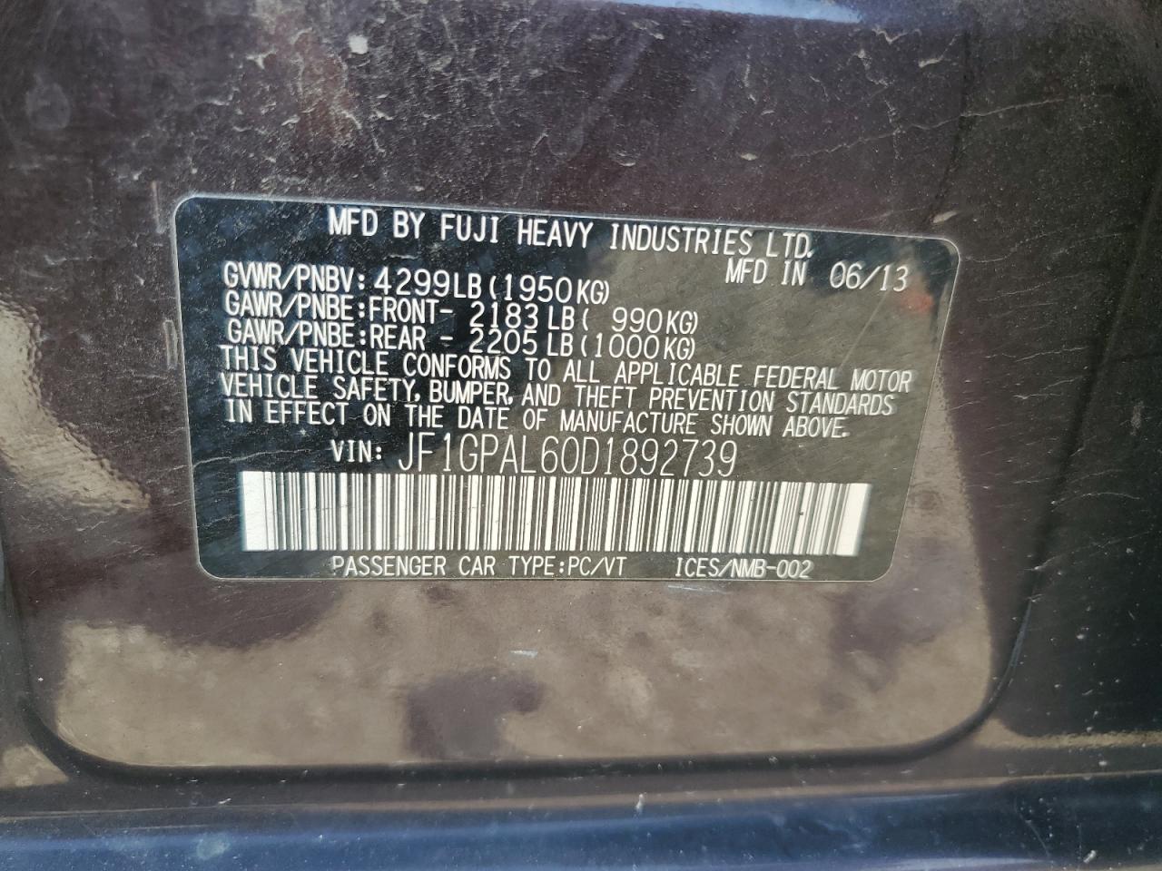 2013 Subaru Impreza Sport Premium VIN: JF1GPAL60D1892739 Lot: 64326565