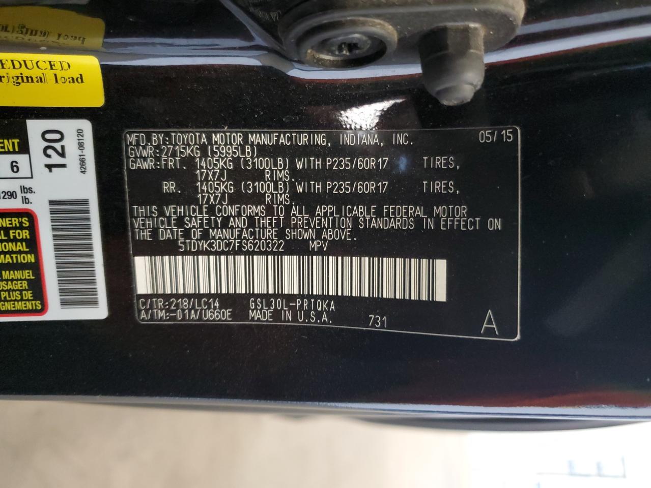 2015 Toyota Sienna Xle VIN: 5TDYK3DC7FS620322 Lot: 64553895