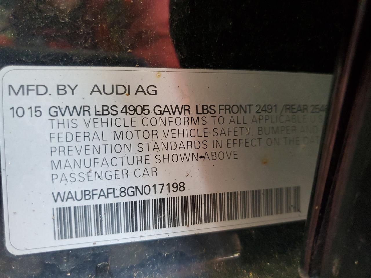 2016 Audi A4 Premium S-Line VIN: WAUBFAFL8GN017198 Lot: 64841805