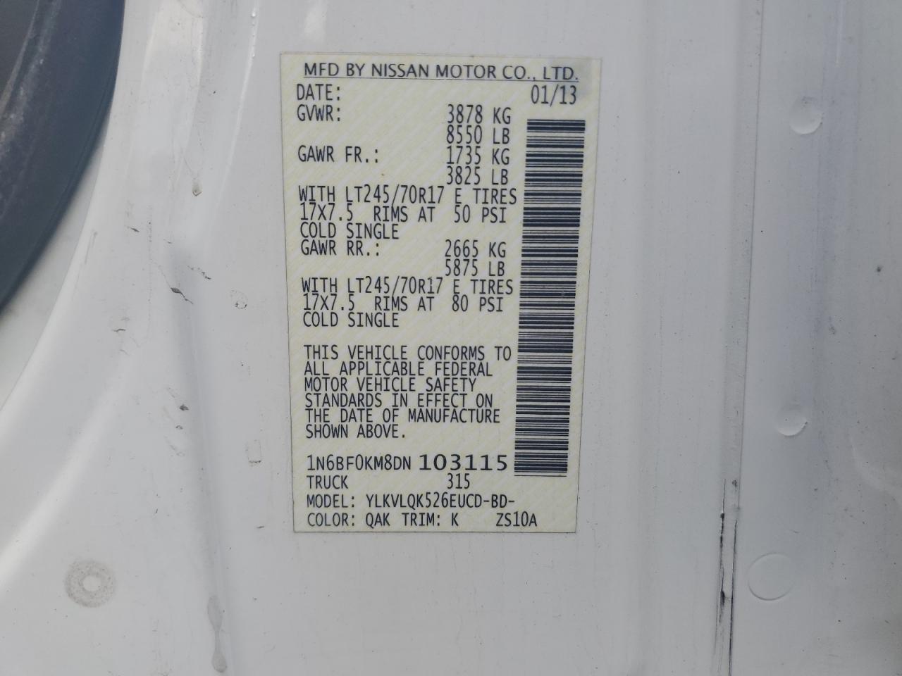 2013 Nissan Nv 1500 VIN: 1N6BF0KM8DN103115 Lot: 64255595