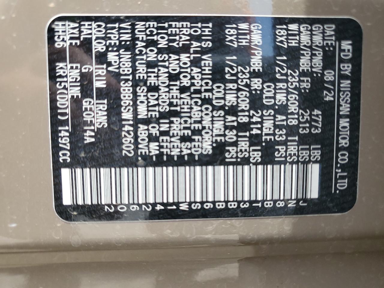 2025 Nissan Rogue Sv VIN: JN8BT3BB6SW142602 Lot: 65728145