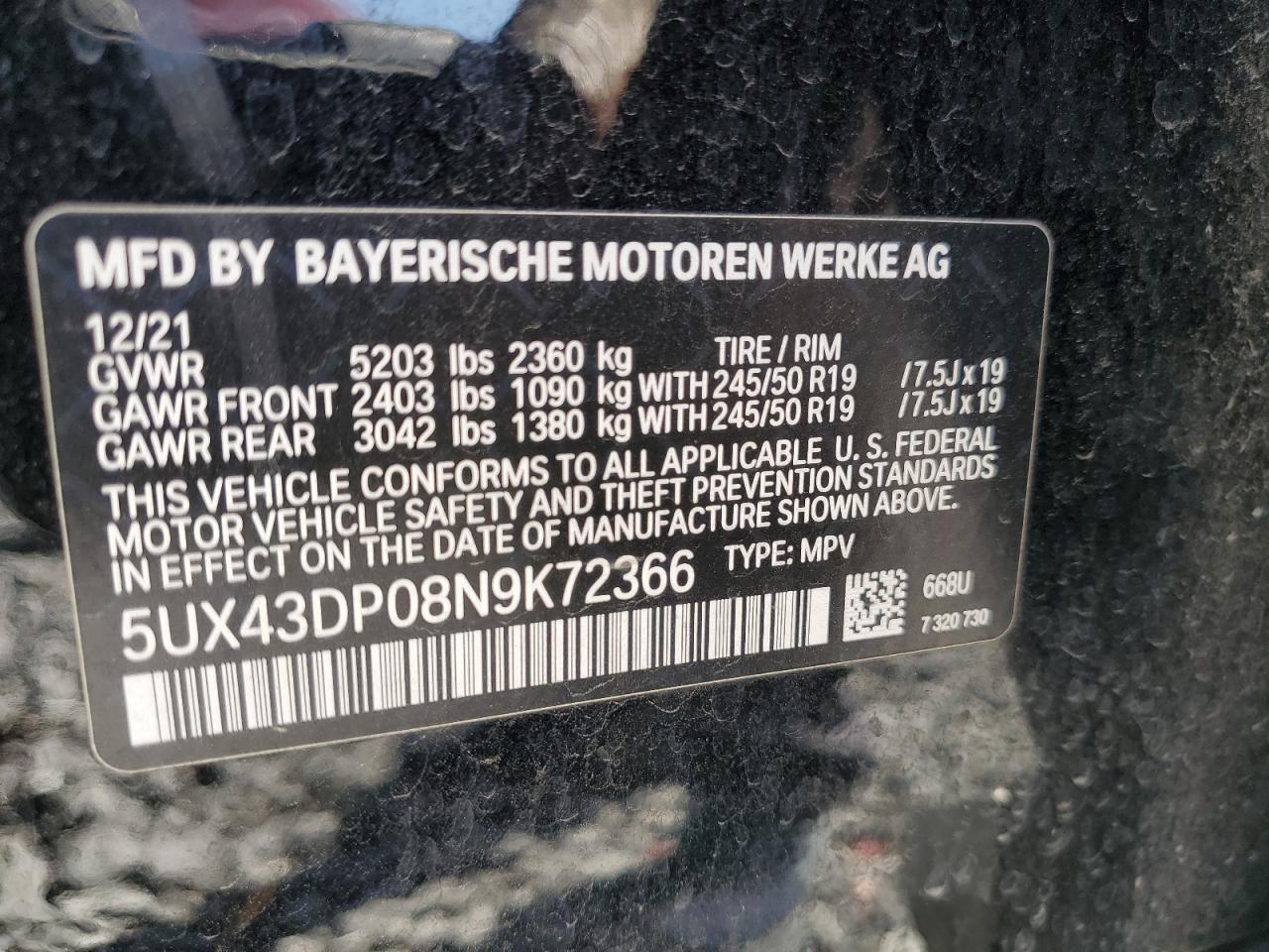 2022 BMW X3 Sdrive30I VIN: 5UX43DP08N9K72366 Lot: 63870655