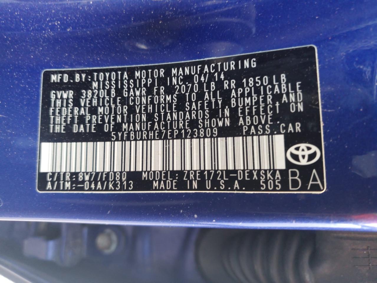 2014 Toyota Corolla L VIN: 5YFBURHE7EP123809 Lot: 63850855