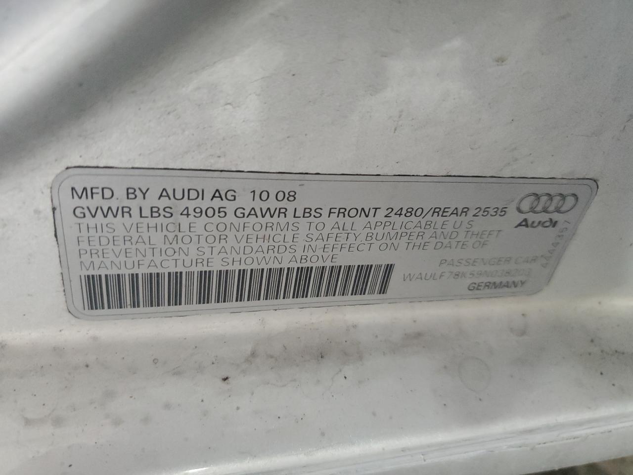 2009 Audi A4 2.0T Quattro VIN: WAULF78K59N038203 Lot: 64172795